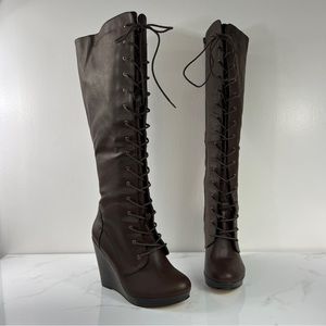 New Torrid Knee High Lace Up Combat Wedge Boot Chocolate Brown Faux Leather 9w